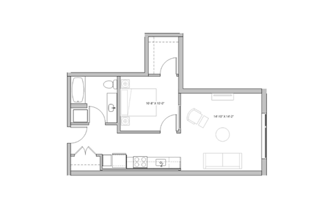 Floor plan for 1 bed, 1 bath, 651 sqft